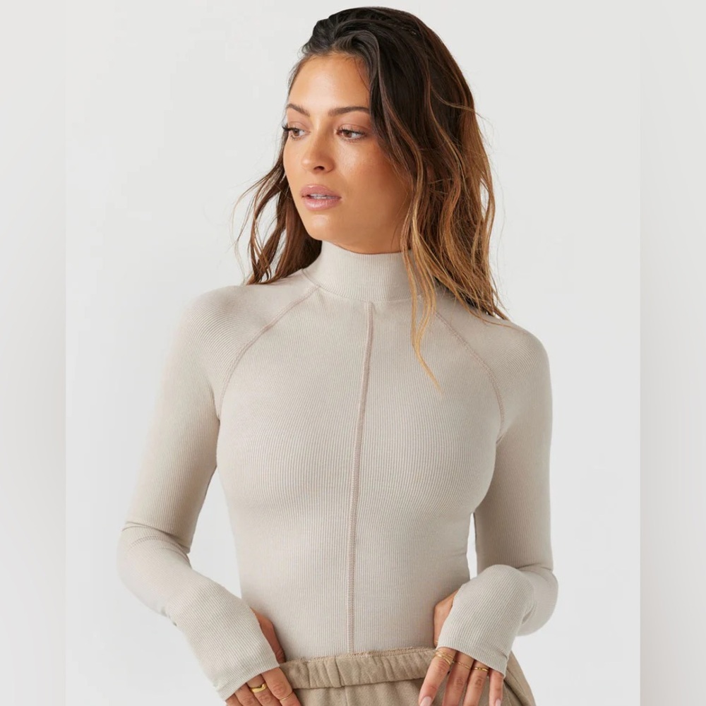 Joah Brown Stitch Mock Neck Long Sleeve - Dune FlexRib